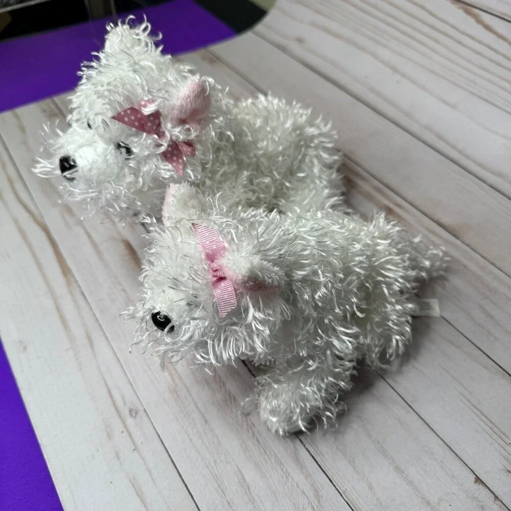Lot of 2 Ganz White Terrier Dogs Puppy Plush Stuffed Animals with Pink Bow